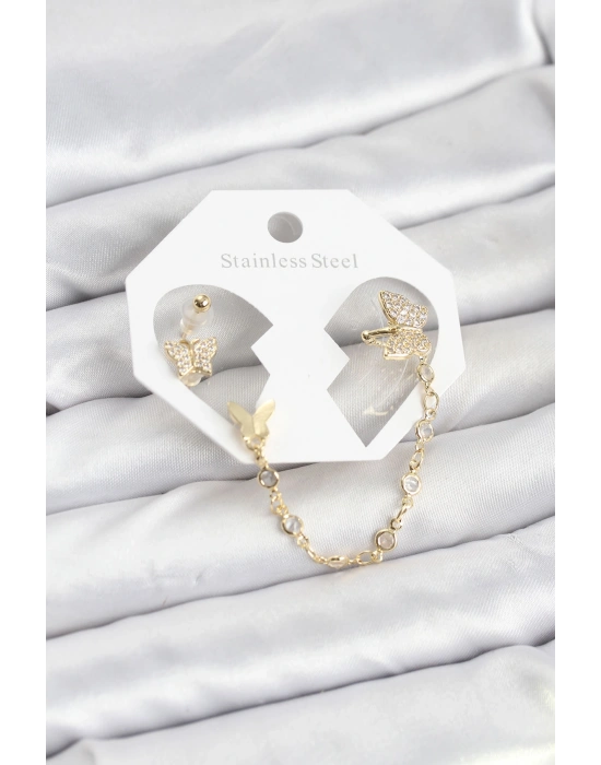 Kelebek Model Pirinç Gold Renk Zincir Bağlantılı Ear Cuff Küpe Seti