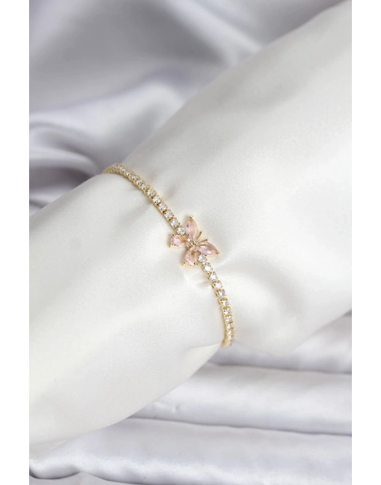 Kelebek Model Zirkon Taşlı Gold Renk Pirinç Su Yolu Kadın Bileklik