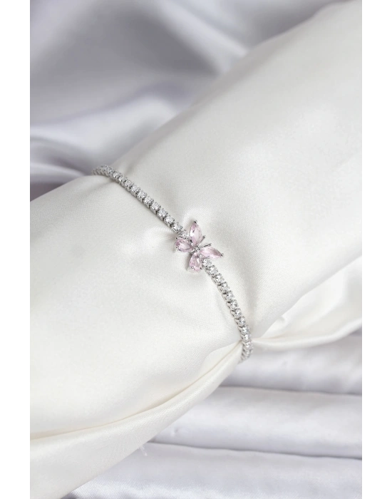 Kelebek Model Zirkon Taşlı Gümüş Renk Pirinç Su Yolu Kadın Bileklik