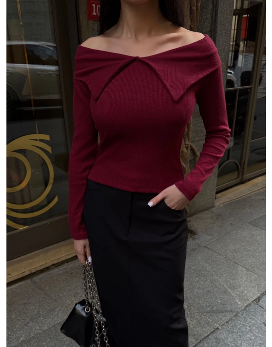 Kelebek yaka uzun kol bluz bordo