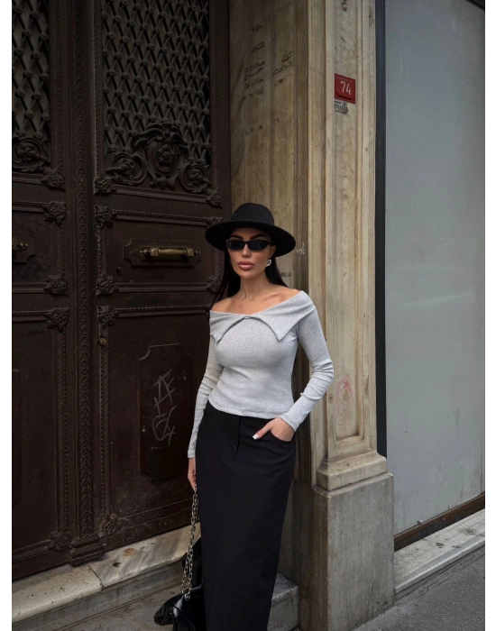 Kelebek yaka uzun kol bluz Gri