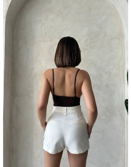 Kemer detaylı gabardin şort krem s25289