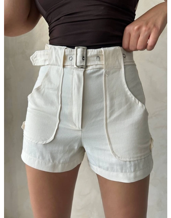Kemer detaylı gabardin şort krem s25289