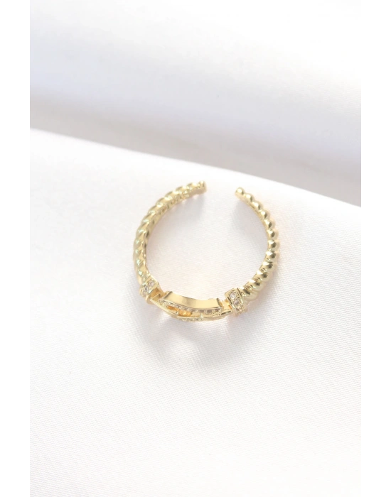 Kemer Tokası Tasarımlı Gold Renk Zirkon Taşlı Ayarlanabilir Yüzük