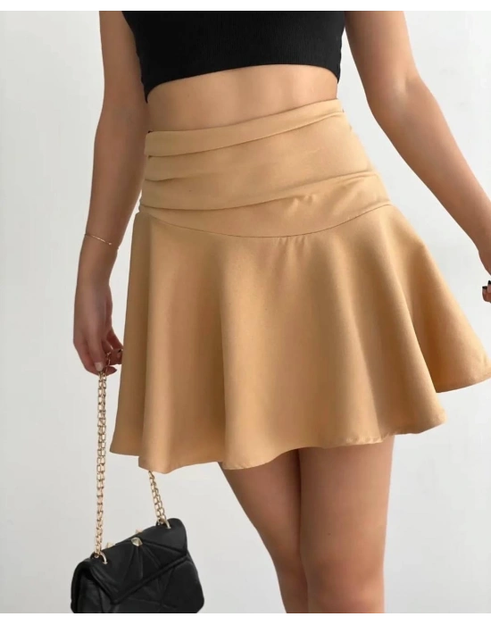 Kemerden büzgülü etek camel