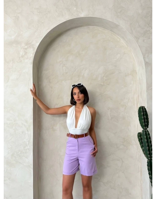 Kemerli gabardin şort lila s25735