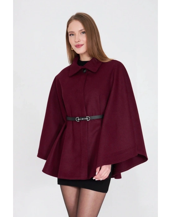 Kemerli kaşe panço bordo pt