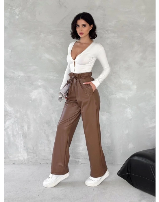 Kendinden ince kemerli deri pantolon kahve t1178