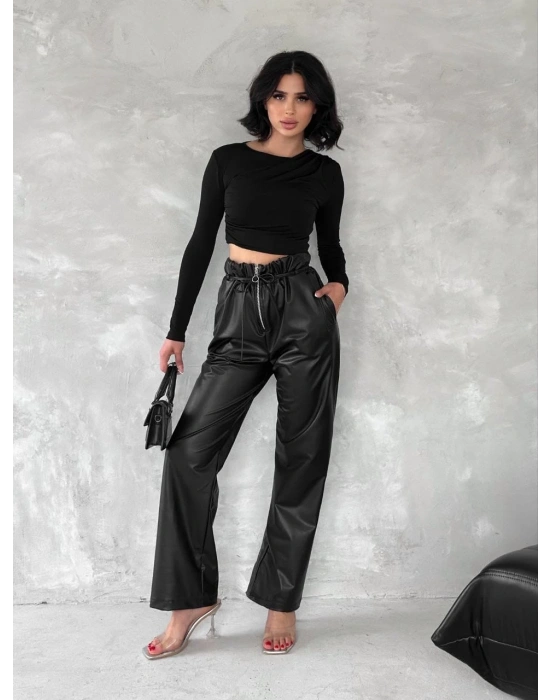 Kendinden ince kemerli deri pantolon siyah t1178
