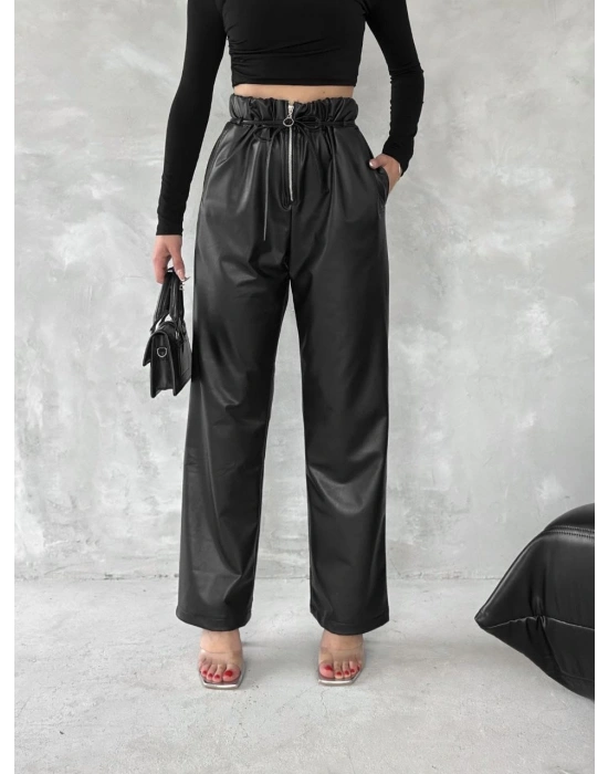 Kendinden ince kemerli deri pantolon siyah t1178