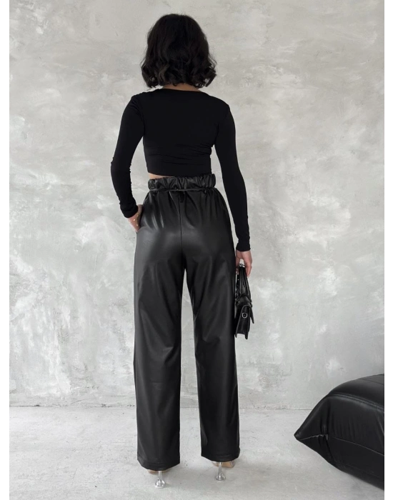 Kendinden ince kemerli deri pantolon siyah t1178