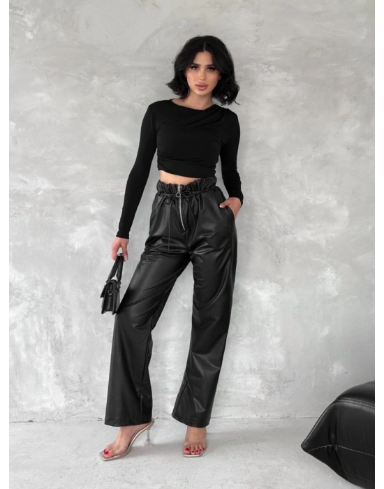Kendinden ince kemerli deri pantolon siyah t1178