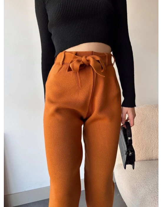 Kendinden kemerli triko pantolon camel