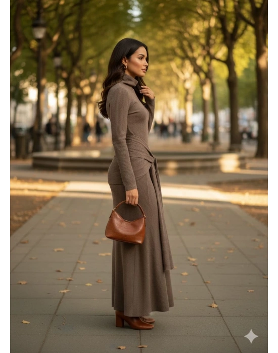 Kendinden kemerli uzun elbise vizon