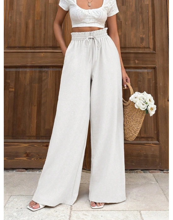 Keten bağcıklı beyaz pantolon