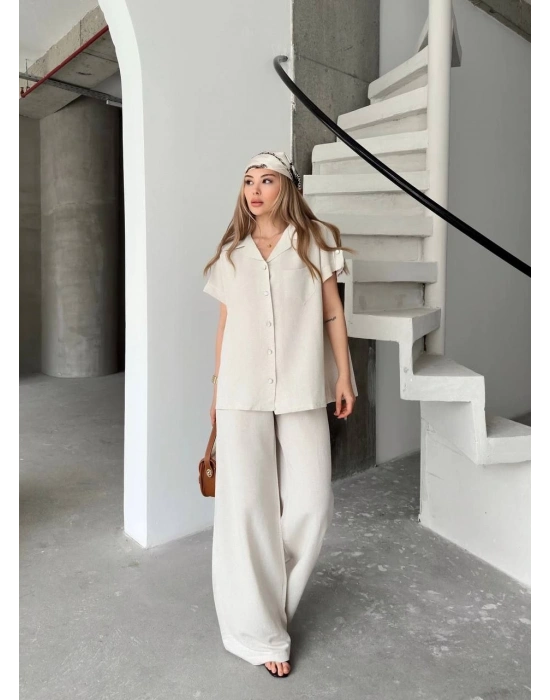 Keten Kısa Kollu Cepli Gömlek Pantolon ikili Takım - Beyaz