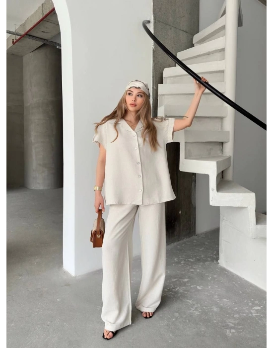Keten Kısa Kollu Cepli Gömlek Pantolon ikili Takım - Beyaz