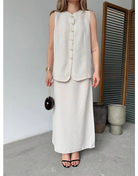 Keten Kolsuz Sıfır Yaka İlik Düğmeli Kolsuz Hırka Etek ikili Takım- Beyaz