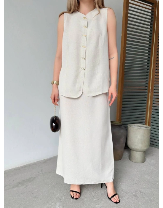 Keten Kolsuz Sıfır Yaka İlik Düğmeli Kolsuz Hırka Etek ikili Takım- Beyaz