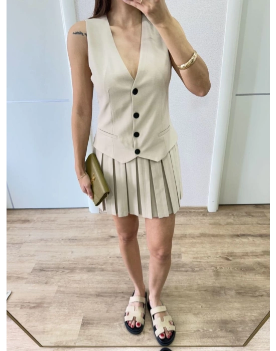 Keten Takım Görünümlü Düğme Detaylı Yelekli Mini Elbise - Bej