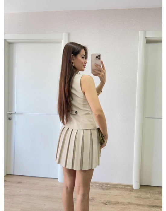 Keten Takım Görünümlü Düğme Detaylı Yelekli Mini Elbise - Bej