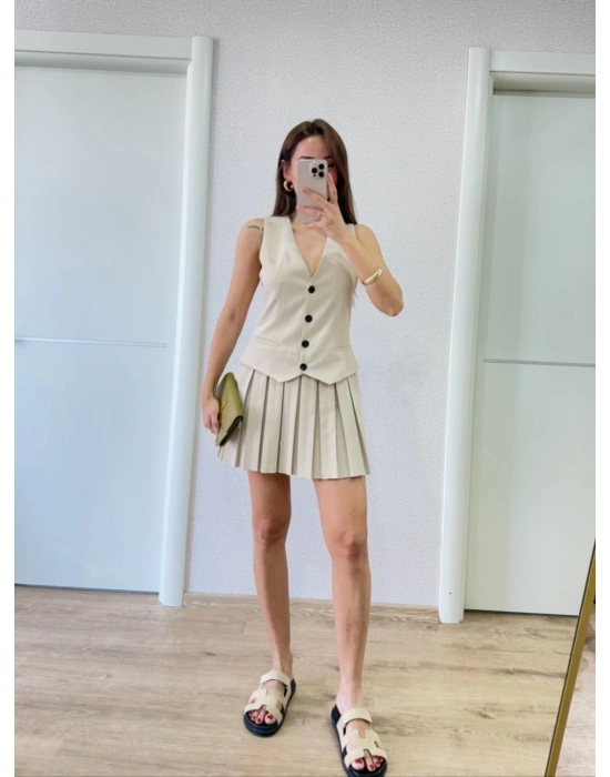 Keten Takım Görünümlü Düğme Detaylı Yelekli Mini Elbise - Bej