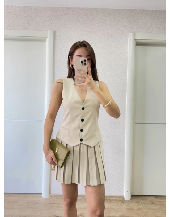 Keten Takım Görünümlü Düğme Detaylı Yelekli Mini Elbise - Bej