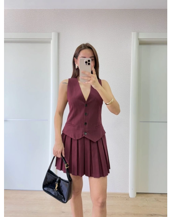 Keten Takım Görünümlü Düğme Detaylı Yelekli Mini Elbise - Bordo