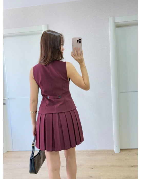 Keten Takım Görünümlü Düğme Detaylı Yelekli Mini Elbise - Bordo