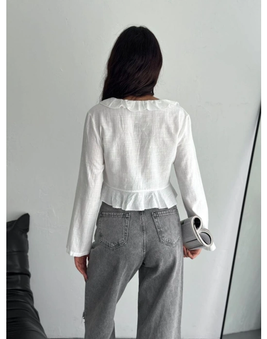 Keten Uzun Kol Bağacık Detaylı Bluz - Beyaz