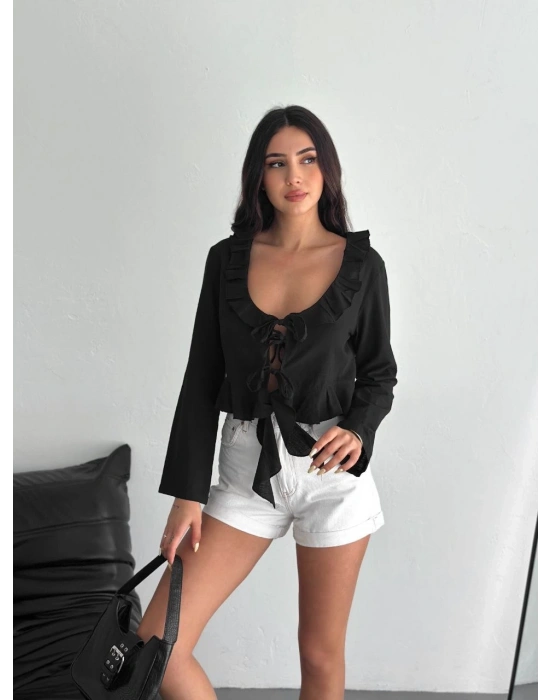 Keten Uzun Kol Bağacık Detaylı Bluz - Siyah
