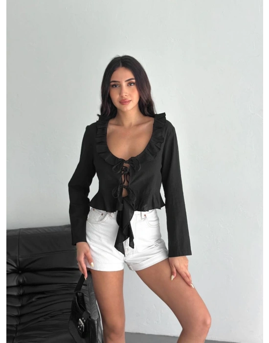 Keten Uzun Kol Bağacık Detaylı Bluz - Siyah
