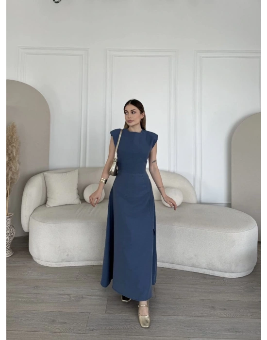 Keten Yandan Yırtmaçlı Uzun Elbise Sıfır Kol Elbise - Mavi