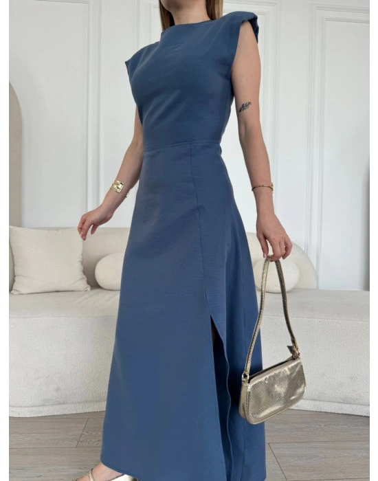 Keten Yandan Yırtmaçlı Uzun Elbise Sıfır Kol Elbise - Mavi