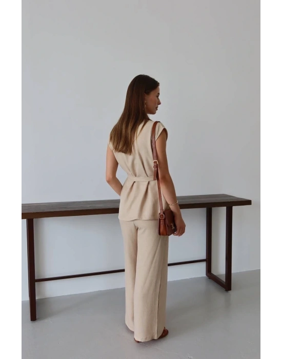 Keten yelek pantolon takım bej pt