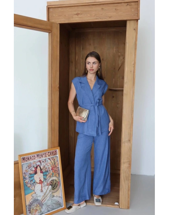 Keten yelek pantolon takım indigo pt