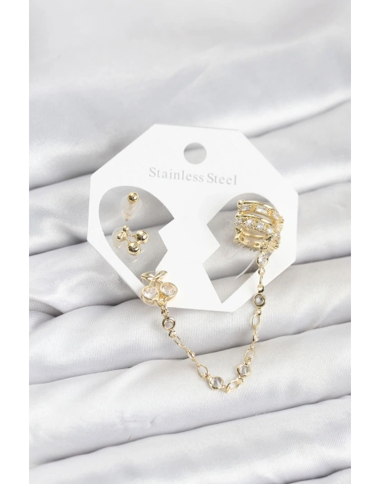 Kiraz Model Pirinç Gold Renk Zincir Bağlantılı Ear Cuff Küpe Seti