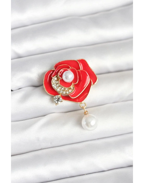 Kırmızı Gül İncili Model Broş