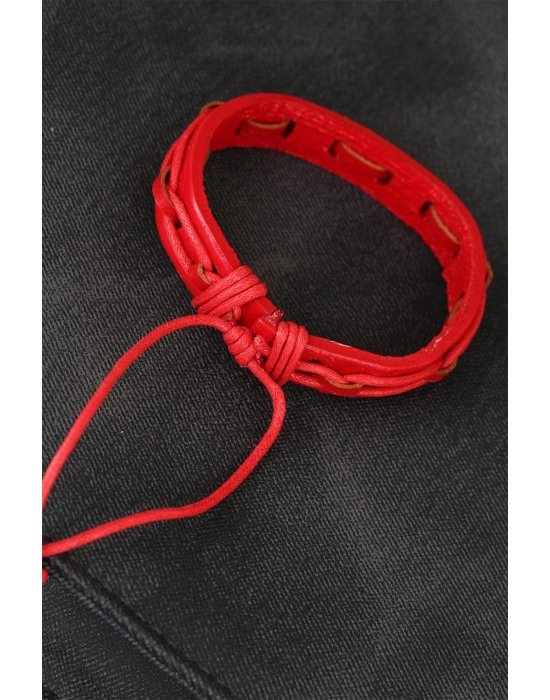Kırmızı Renk Ayarlamalı İpli Deri Erkek Bileklik