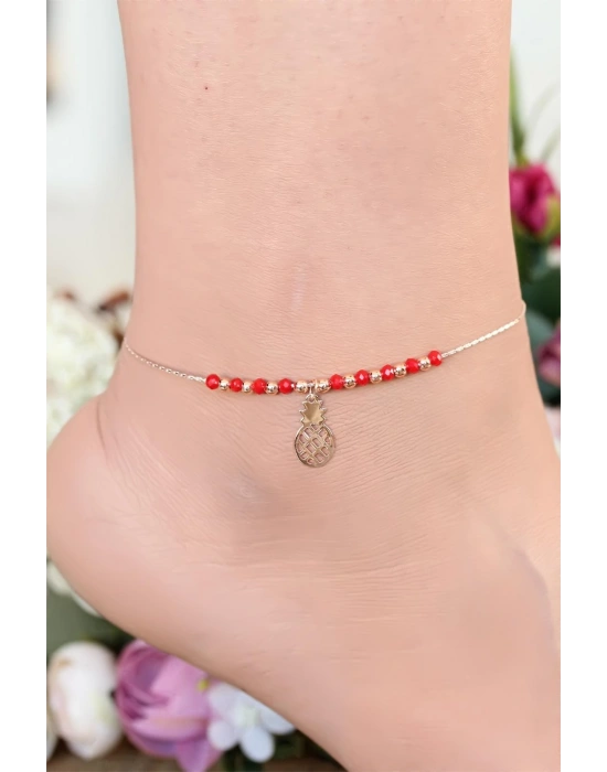 Kırmızı Renk Miyuki Taşlı Ananas Figürlü Metal Hal Hal