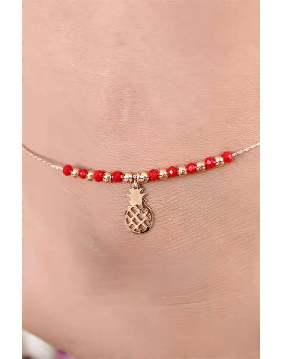 Kırmızı Renk Miyuki Taşlı Ananas Figürlü Metal Hal Hal