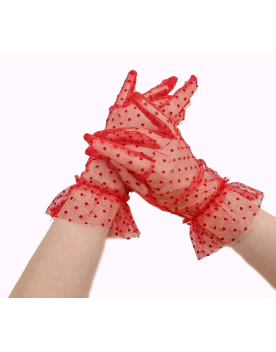 Kısa Boy Güpürlü Kırmızı Puantiyeli Tül Eldiven Kırmızı Renk