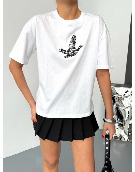 Kısa Kol Baskılı T-shirt - Beyaz