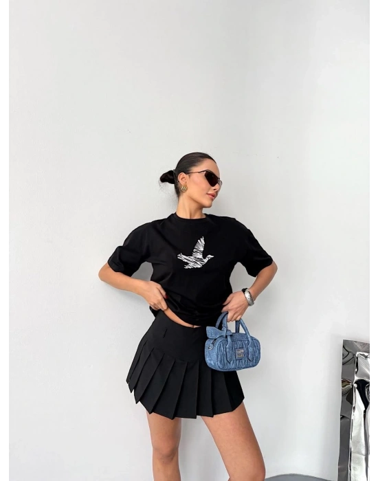 Kısa Kol Baskılı T-shirt - Siyah