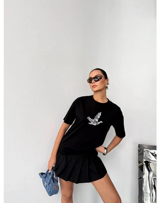 Kısa Kol Baskılı T-shirt - Siyah