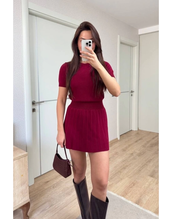 Kısa Kollu Bluz Mini Etekli ikili Takım Triko - Bordo
