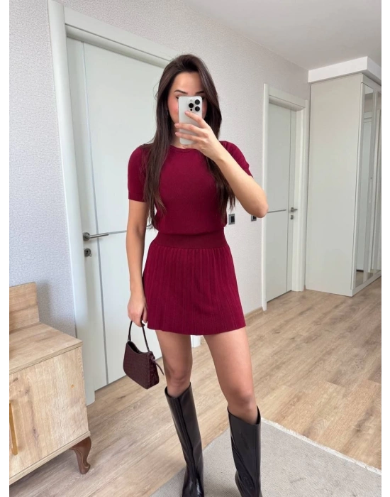 Kısa Kollu Bluz Mini Etekli ikili Takım Triko - Bordo