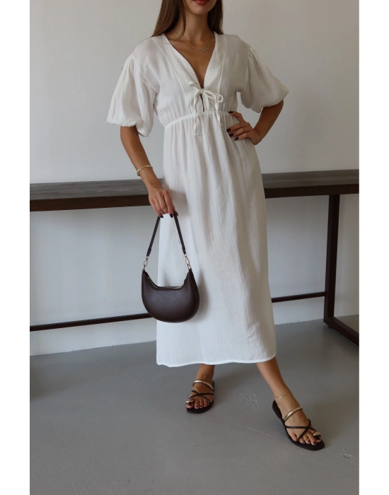 Kısa kollu müslin elbise beyaz pt