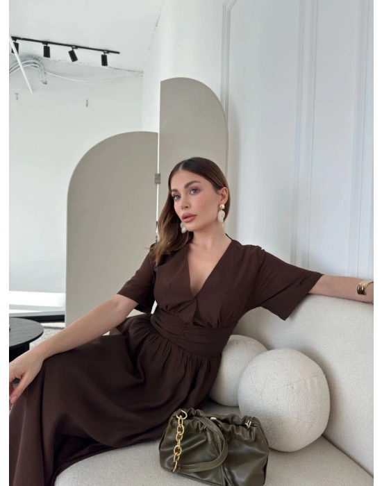 Kısa Kollu Uzun Elbise - Kahve