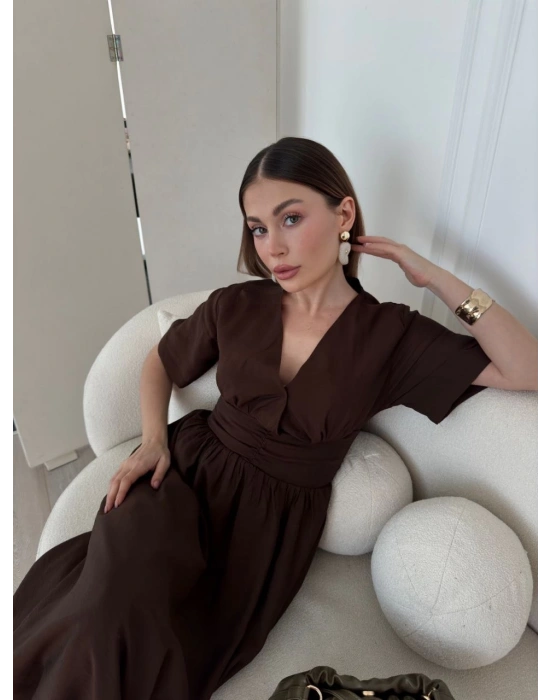 Kısa Kollu Uzun Elbise - Kahve